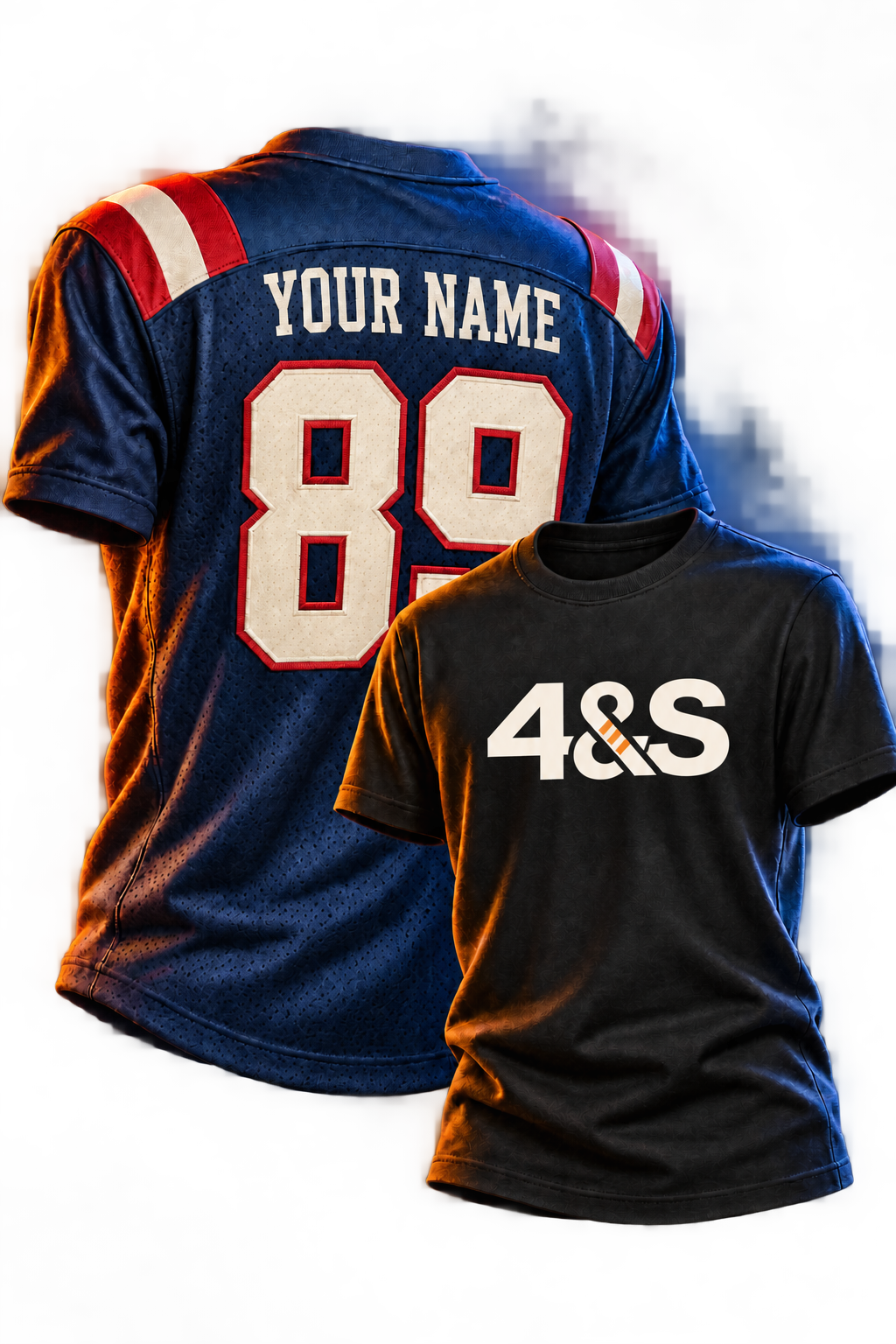 Illustration of the previous winner’s Patriots number 89 jersey and Fourth and Story shirt